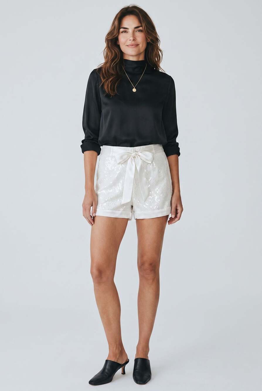 Lojas Renner White Sequin High Waisted Shorts with Satin Bow Tie
